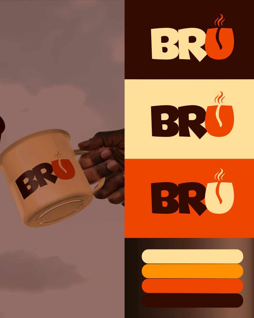 Primary color palette featuring roasted dark brown, vibrant orange, warm cream, and yellow, alongside light and dark mode logo variations.