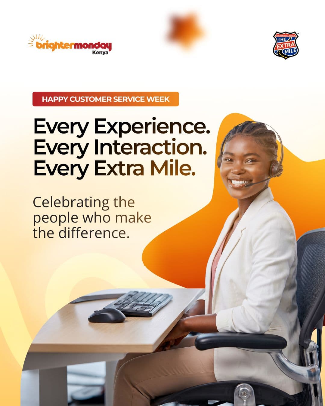 BrighterMonday Kenya Customer Service Week 2026 vertical social media graphic featuring a customer support representative and the theme "Every Experience. Every Interaction. Every Extra Mile.