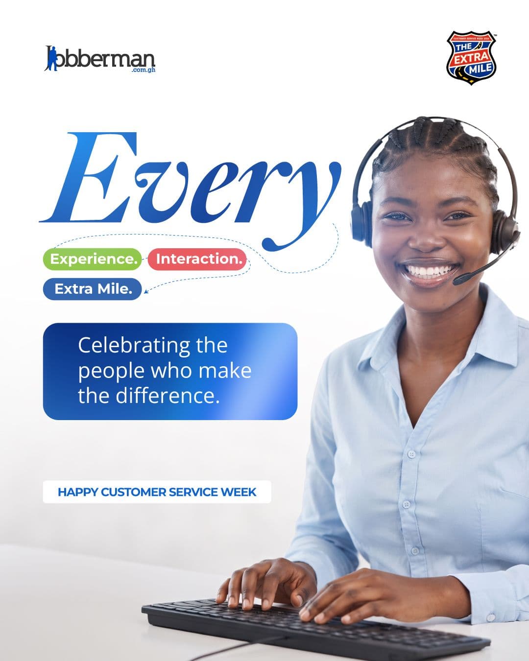 Jobberman Ghana Customer Service Week 2026 promotional poster featuring corporate blue design elements.