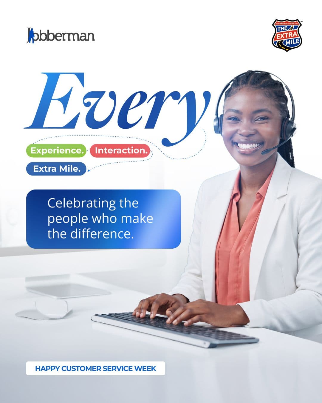 obberman Kenya Customer Service Week 2026 social media poster with clean blue branding and a support representative.