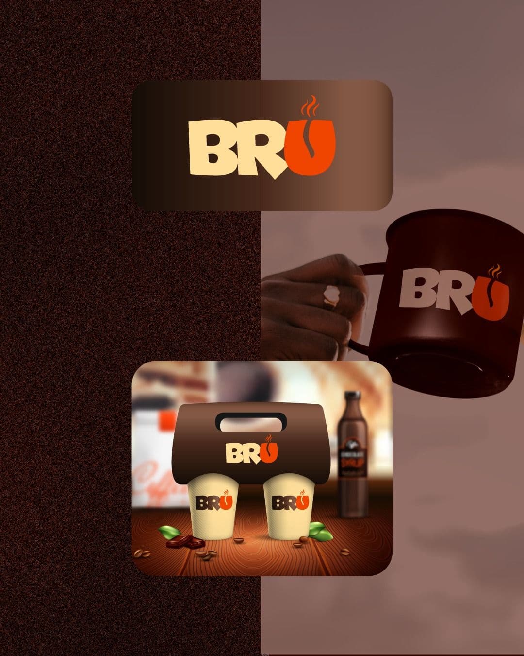 3D mockups of branded ceramic mugs, takeaway coffee cups, and custom two-cup carryout packaging