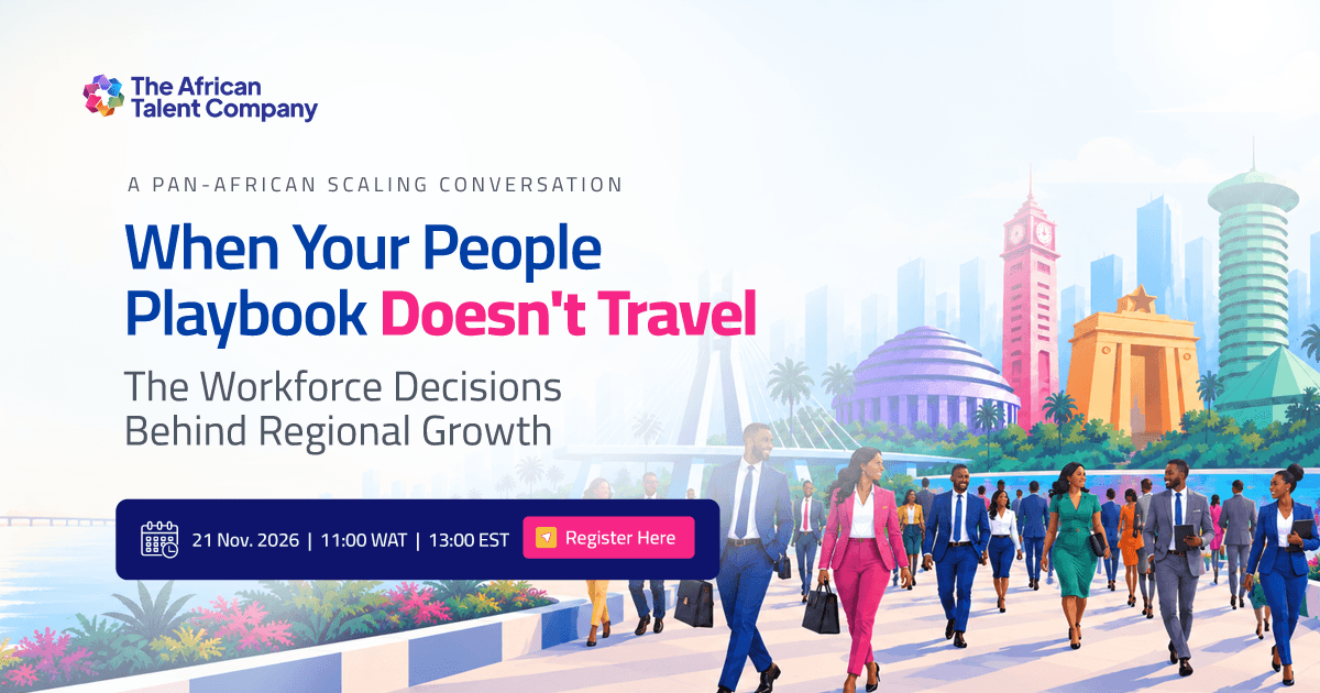 Email banner announcing TATC’s webinar “When Your People Playbook Doesn’t Travel: The Workforce Decisions Behind Regional Growth”, 21 November 2026, over an illustrated African city skyline.