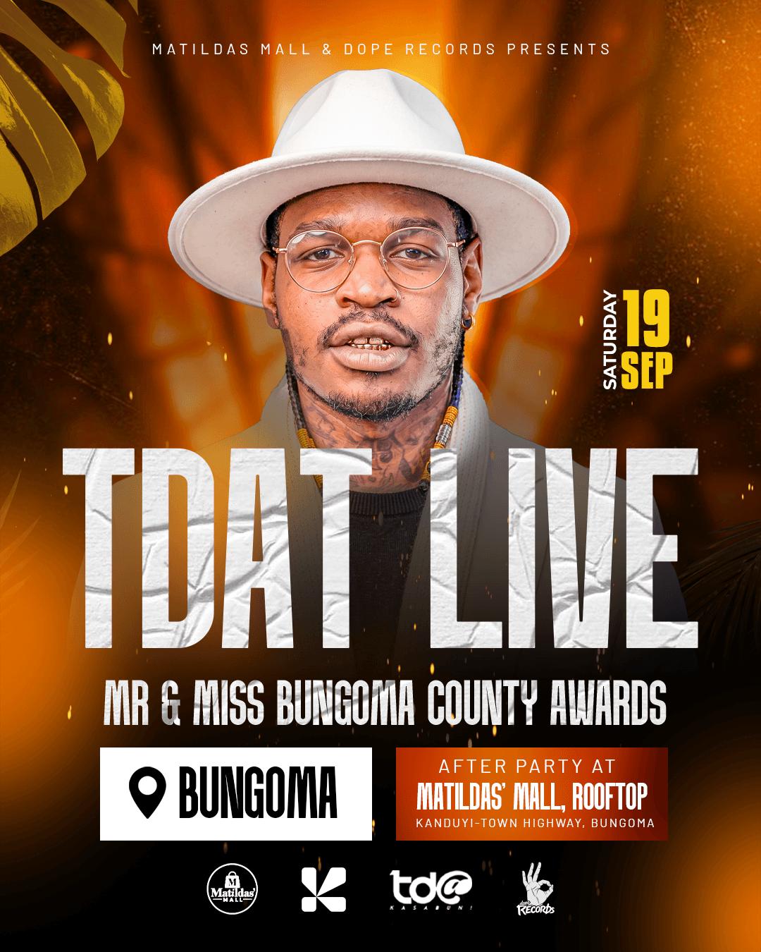 Timmy TDat live event poster for Mr and Miss Bungoma County Awards afterparty at Matildas Mall Rooftop.