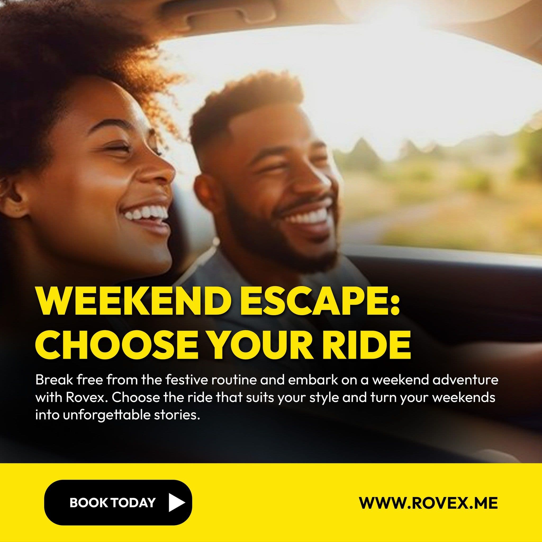 Rovex post “Weekend escape: choose your ride”: a smiling couple on a sunny drive, with a Book Today button.