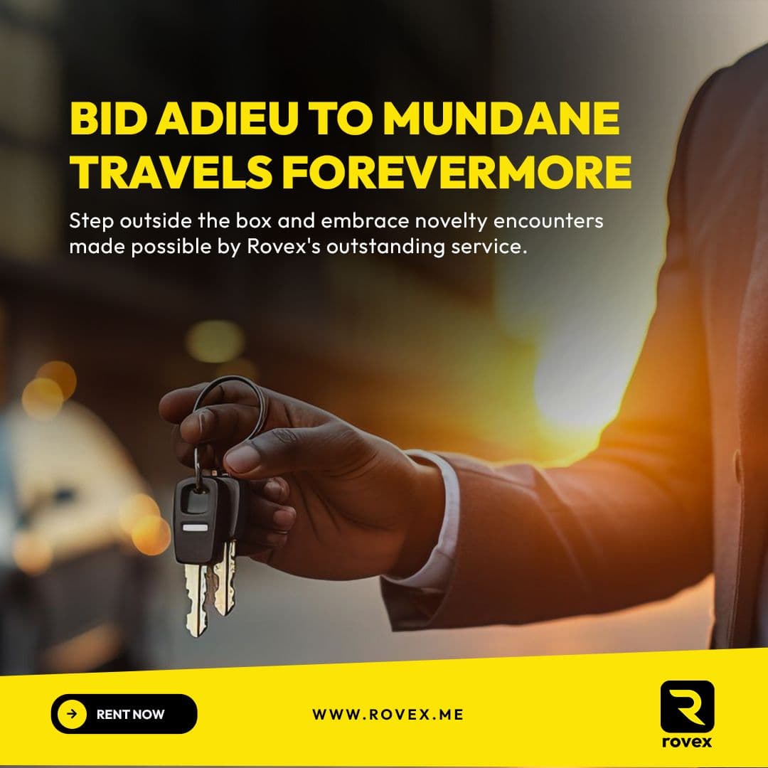 Rovex post “Bid adieu to mundane travels forevermore”: a hand holding car keys, with a Rent Now button.