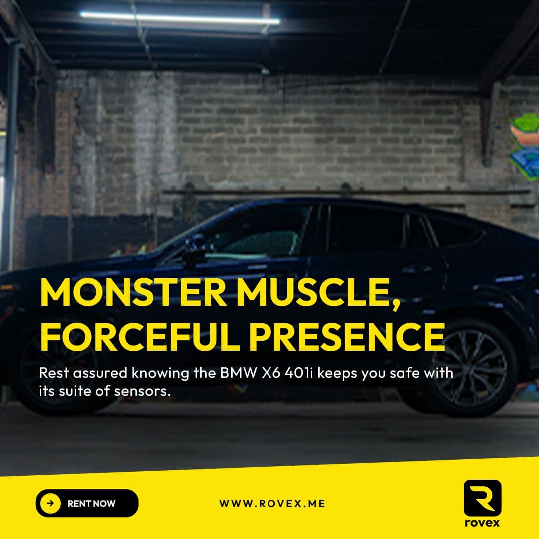 Rovex post “Monster muscle, forceful presence”: a dark BMW X6 in a brick garage.