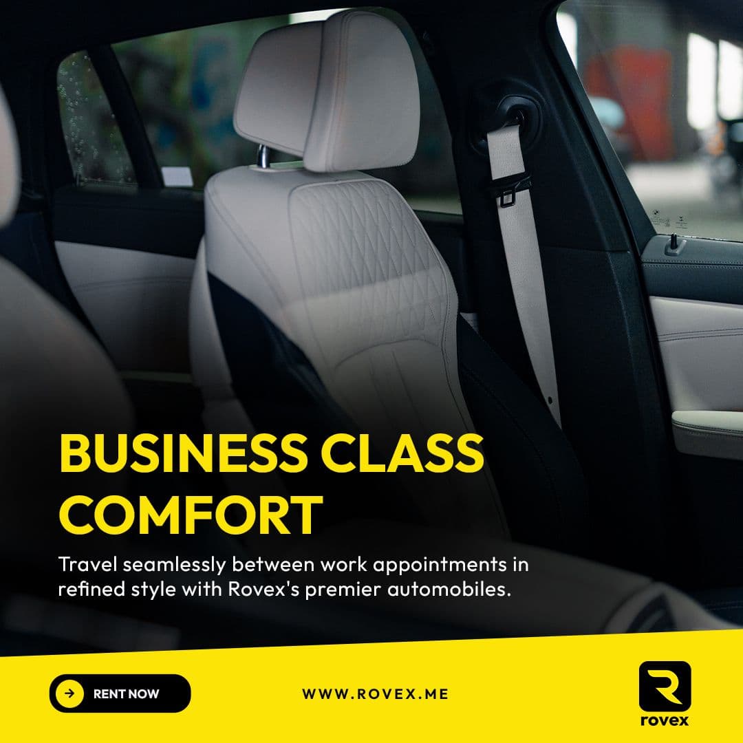 Rovex post “Business class comfort”: a car’s cream leather seats.
