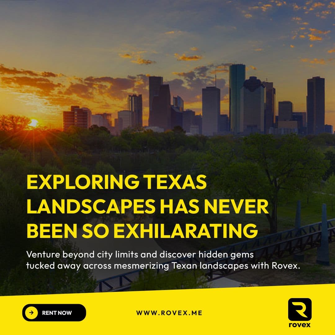 Rovex post “Exploring Texas landscapes has never been so exhilarating” over a city skyline at sunset.