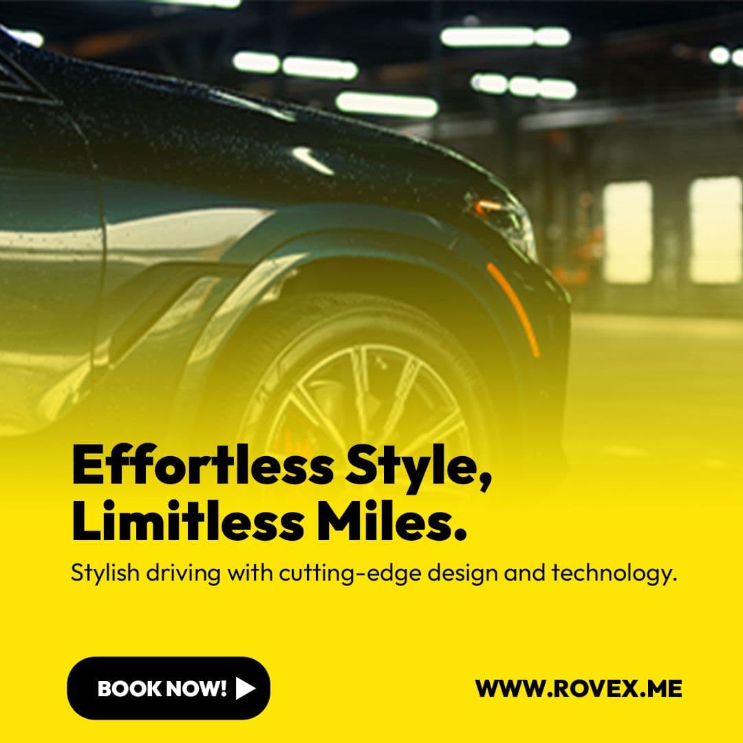 Rovex post “Effortless style, limitless miles”: a black car’s front wheel fading into yellow.