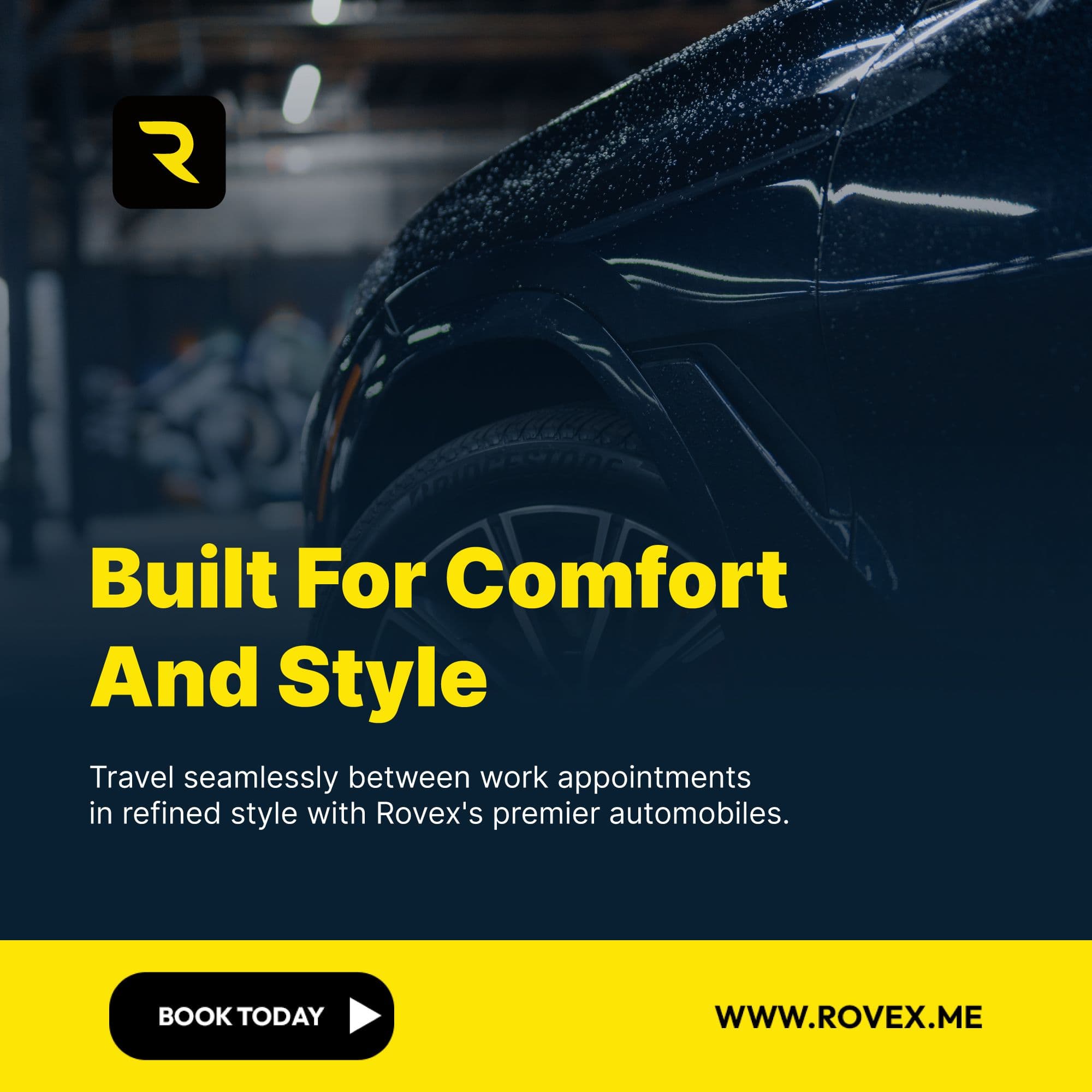 Rovex post “Built for comfort and style”: a glossy black car in a dark garage, with the Rovex logo.